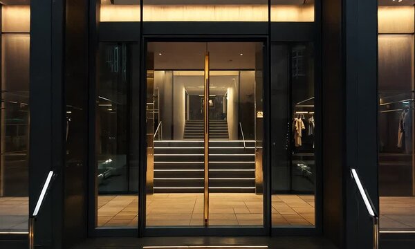 Elegant fashion boutique entrance with illuminated interior with ai generated.
