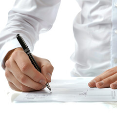 Close-up of a person in a white shirt signing a document with a pen, representing business, contract, or paperwork.