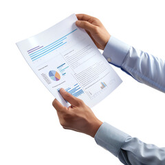 Hands holding business document with charts and graphs, demonstrating data analysis and professional report in a corporate setting.
