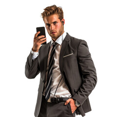 Naklejka premium Confident businessman in a suit holding a phone, multitasking, and looking serious, representing professionalism and modern communication.