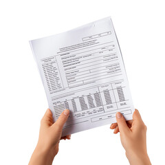 Obraz premium Hands holding a sheet of paper with printed information, isolated on white background. Useful for business, document presentation, and data analysis themes.