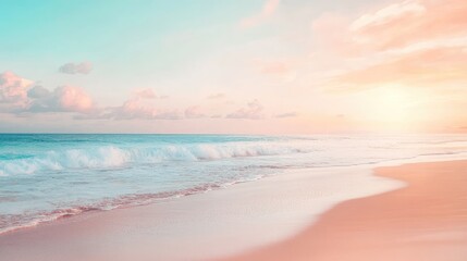 Serene beach landscape with soft sand, gentle waves, and a pastel-colored sky, perfect for relaxation themes