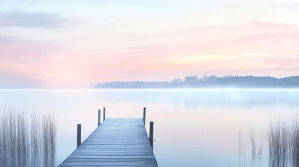 Fototapeta premium Serene lakeside landscape with a wooden dock, calm waters, and a pastel-colored sky, ideal for peaceful retreat themes