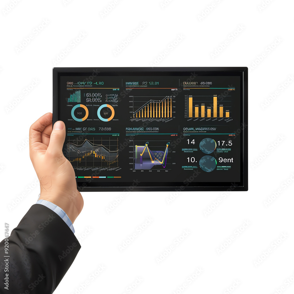 Poster businessman holding a tablet displaying data analytics and statistical charts, representing modern b