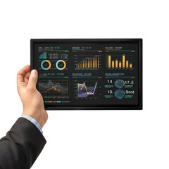 Businessman holding a tablet displaying data analytics and statistical charts, representing modern business technology and market analysis.