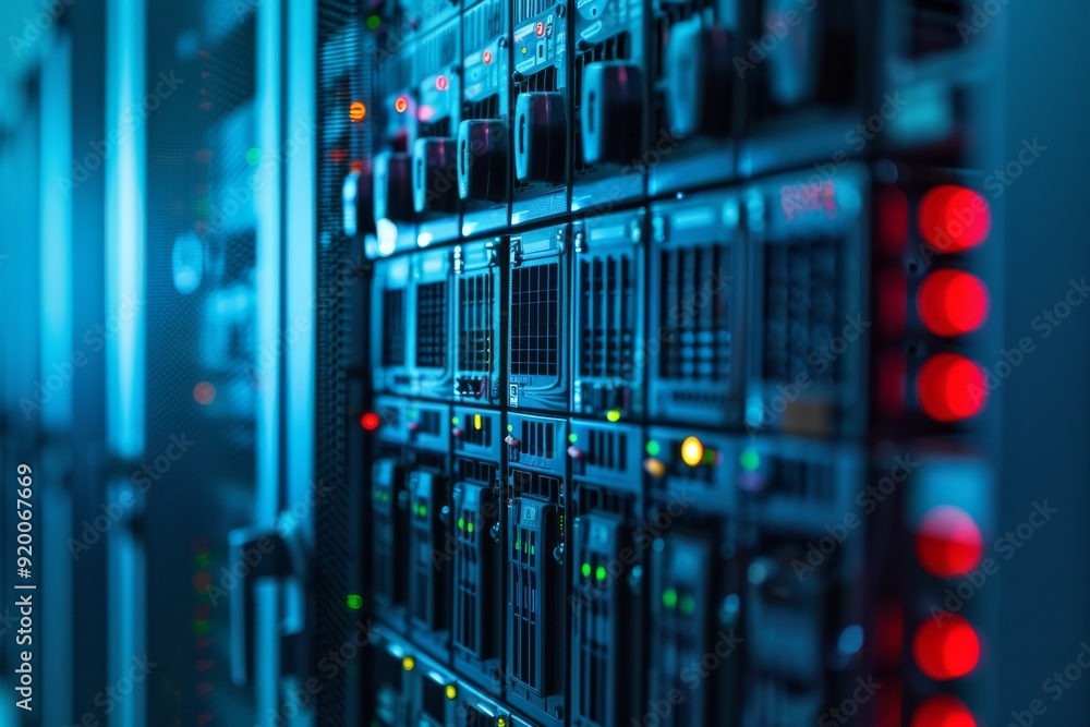 Poster an illuminated server rack that highlights advanced cuttingedge technology within a modern data cent