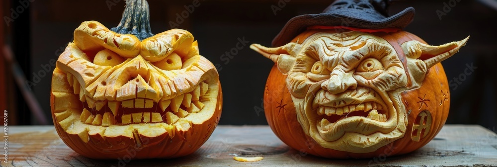 Canvas Prints Demonic pumpkin carving for a spooky celebration featuring a horror-themed face and Halloween hat, a traditional decoration for festive October gatherings where ghouls enjoy the festivities.