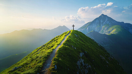 Christian cross at the end of a path in the peak of a mountain, beautiful sunrise, Jesus Lord is my savior