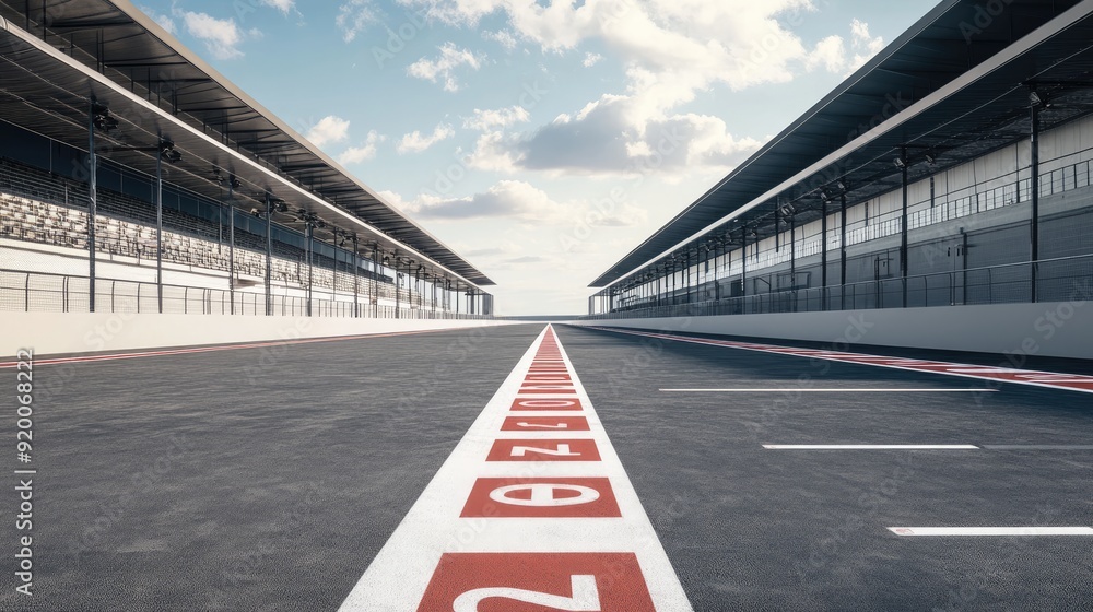 Poster starting grid of an empty racetrack, perfectly aligned with numbered spots. the stage is set for a t