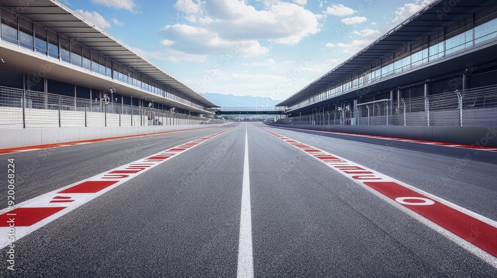 Poster starting grid of an empty racetrack, perfectly aligned with numbered spots. the stage is set for a t