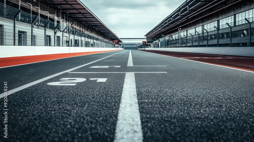 Poster starting grid of an empty racetrack, perfectly aligned with numbered spots. the stage is set for a t