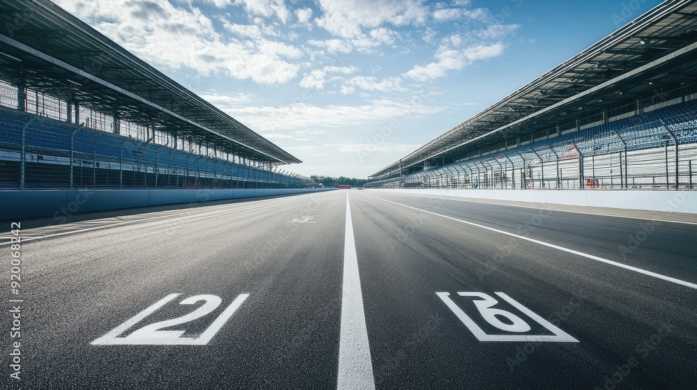 Poster starting grid of an empty racetrack, perfectly aligned with numbered spots. the stage is set for a t