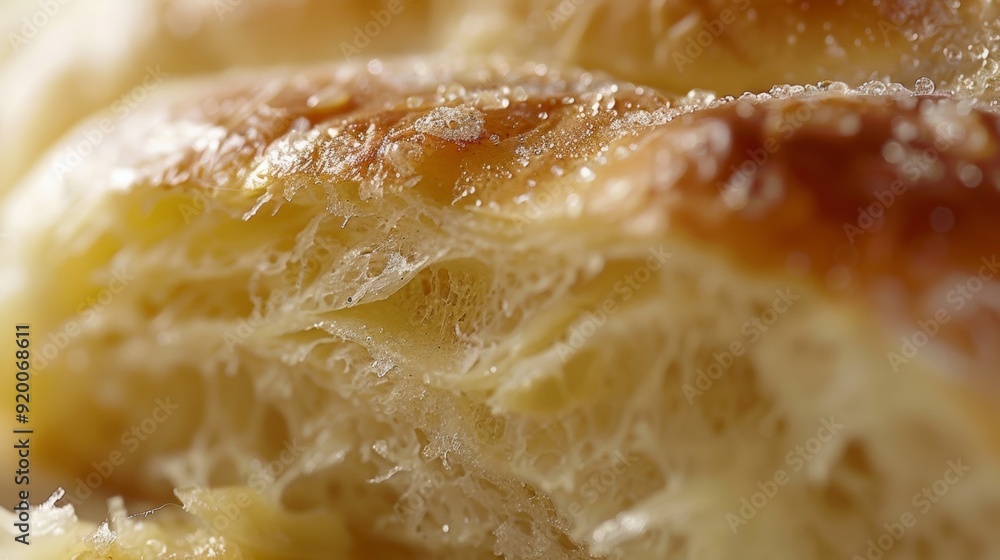 Poster a closeup of a sliced artisan roll revealing its soft creamy center and a thin layer of crust that h