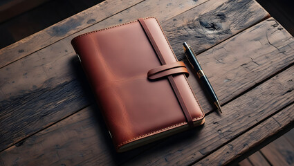 Classic notebook with leather cover on rustic table.