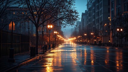 Empty wet city street at night with glowing streetlights