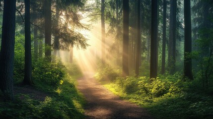 Fototapeta premium Tranquil forest landscape with tall trees, a misty path, and dappled sunlight, ideal for nature walk themes