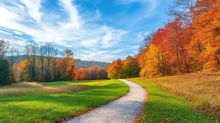 Naklejka premium Vibrant autumn landscape with colorful leaves, a winding path, and a crisp blue sky, suitable for seasonal themes