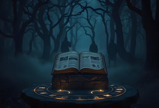 Mysterious spellbook and glowing symbols in a dark, mystical setting