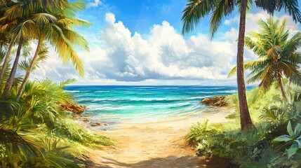 Vibrant tropical landscape with palm trees, sandy beaches, and turquoise waters, suitable for exotic travel themes