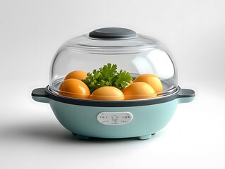 Blue Electric Egg Cooker with Glass Lid and Eggs Inside - Product Photography