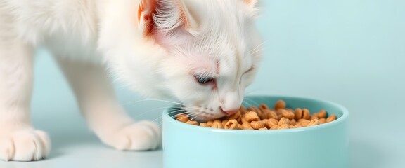 White cat eating from a blue bowl on a light blue background