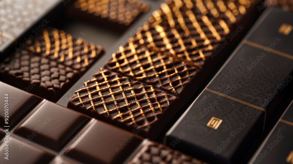 Poster an image of a chocolate bar with a sophisticated highend appearance showcasing a delicate lattice pa