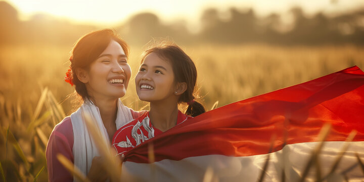 Indonesian Pride: Happy Mother and Daughter with Flag in a Field
