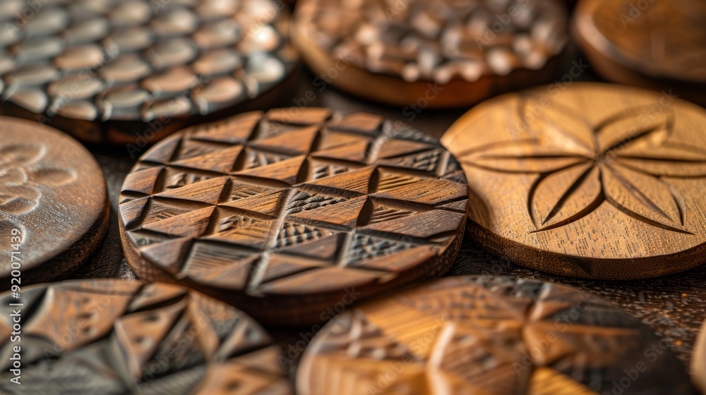 Poster a series of handcrafted coasters are displayed each one featuring a unique geometric pattern that ha