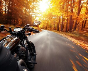 Fall foliage ride, scenic route, vibrant colors, dynamic action