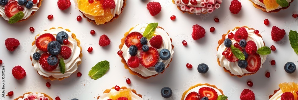 Sticker variety of fruits on iced desserts with fruit filling - overhead perspective