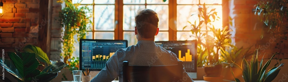 Poster man working from home in front of a window with sunlight.