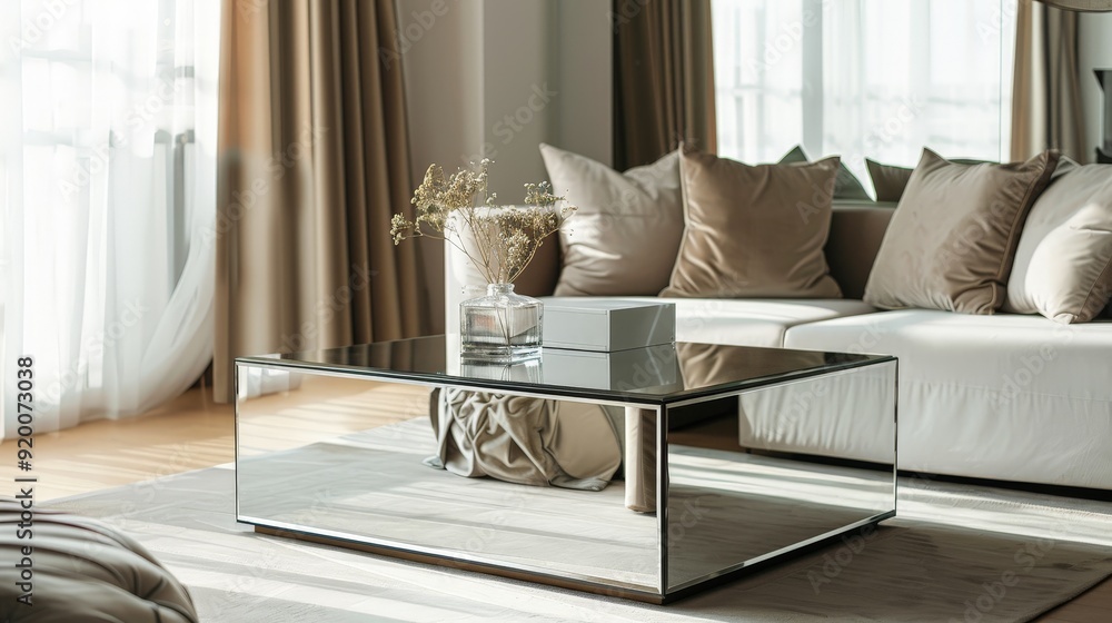 Poster placing a mirrored coffee table in a small apartment to create an illusion of more space.