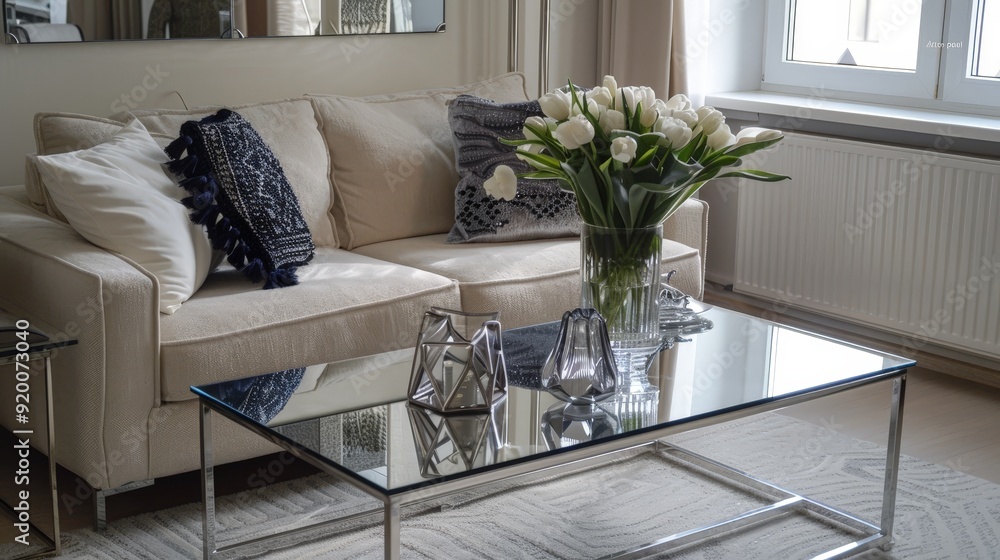 Aufkleber placing a mirrored coffee table in a small apartment to create an illusion of more space.
