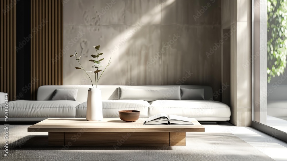 Poster placing a table book on architecture on a sleek modern coffee table, complementing the minimalist de