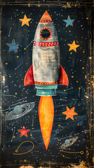 High aspirations and business opportunities symbolized by rocket and stars on blackboard in a whimsical setting. Ample space for text or graphics. Photo stock concept.