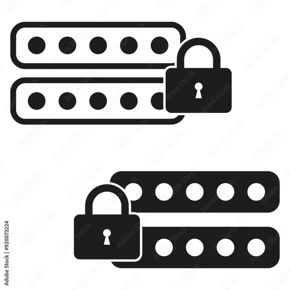 Poster server security icons. data protection vector. black and white design. lock and database symbols.