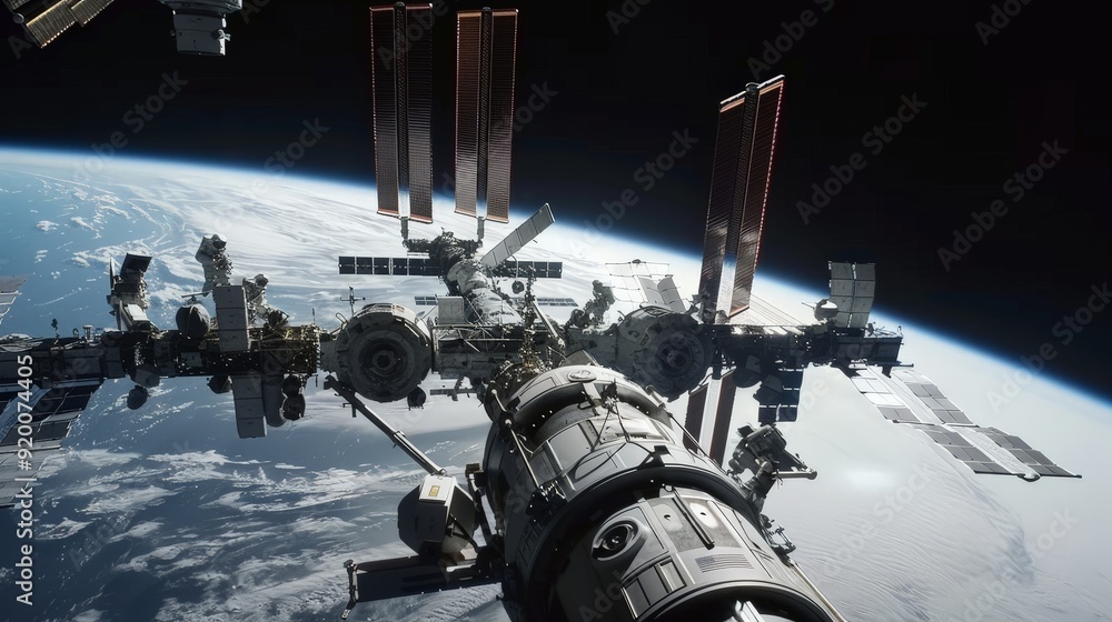 Poster suspended in the inky blackness of space, astronauts are hard at work building a new space station. 