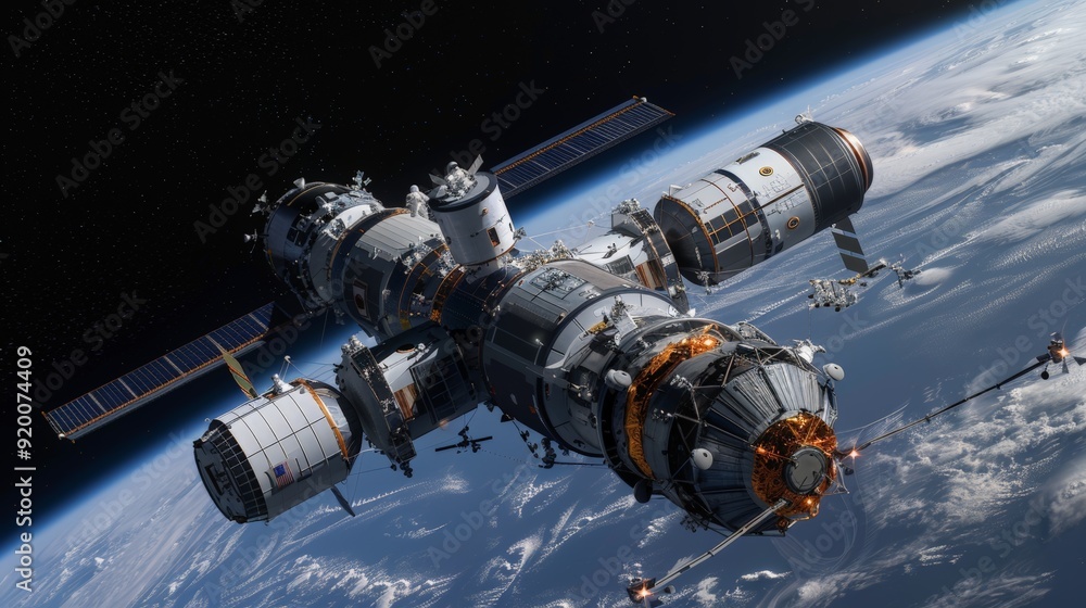 Poster suspended in the inky blackness of space, astronauts are hard at work building a new space station. 
