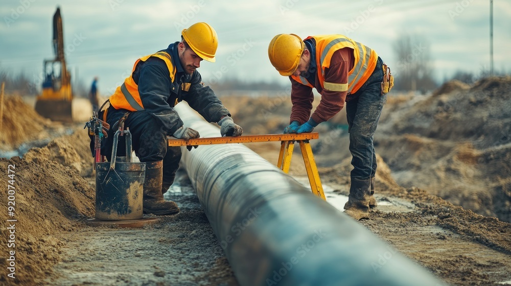Poster two men are working on a pipe, one of them is wearing a yellow vest. the scene is set in a construct