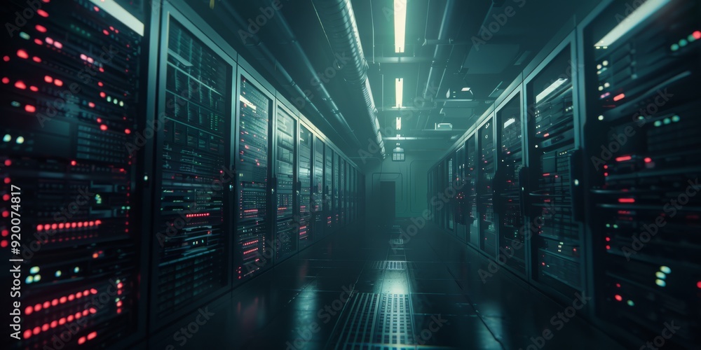 Poster a contemporary data center corridor showcasing illuminated server racks within a hightech environmen