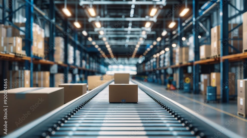 Poster the interior of a high-capacity warehouse with automated sorting and packing lines. the integration 