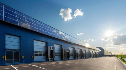 Fototapeta premium The exterior of a modern warehouse facility, designed with sustainability in mind. Solar panels and energy-efficient systems reflect a commitment to reducing the environmental impact of warehousing.