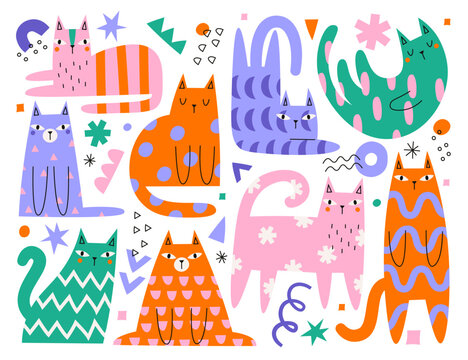 Kawaii cats characters with abstract colorful decorative doodles geometric pattern on body set