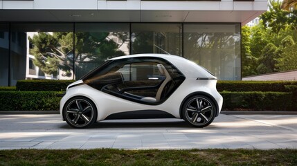 Fototapeta premium The side view of a compact city car, featuring a modern, space-efficient design perfect for urban driving. Its compact form is practical and stylish.