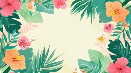 This vibrant tropical floral background showcases an array of colorful hibiscus flowers beautifully intertwined with lush, green leaves, making it perfect for invitations or any summerthemed designs