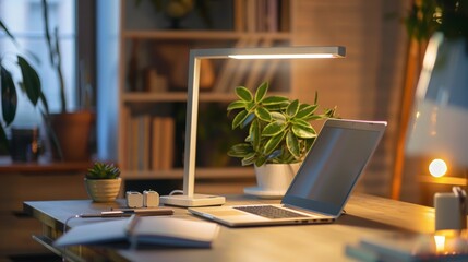 Fototapeta premium Write about the role of task lighting in illuminating a workspace with a laptop on a table.