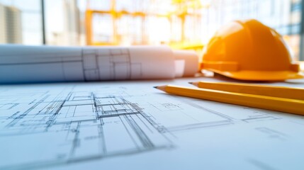 Architectural drawings, a helmet and a pencil on the table reflect the process of designing and planning buildings.