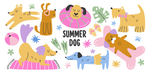 Fototapeta premium Funny summer dogs cartoon characters enjoying beach vacation activity swimming sunbathing set