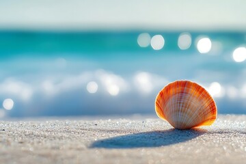 Seashell on Sandy Beach with Ocean Background Photo