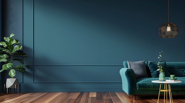 Soft green Sofa on dark blue background Modern minimalistic living room interior detail